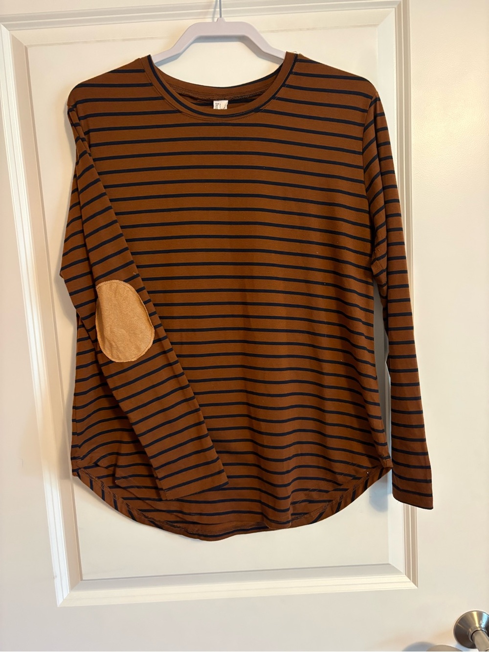 Brown & Navy Striped Long-Sleeve Tunic Tee | Elbow Patch | Farmhouse Chic